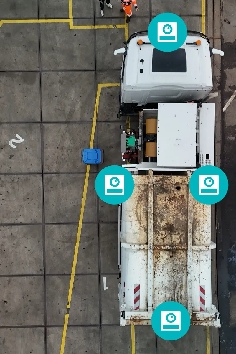 Top-down view of a waste truck in an alley with icons showing where cameras would be placed on the vehicle.
