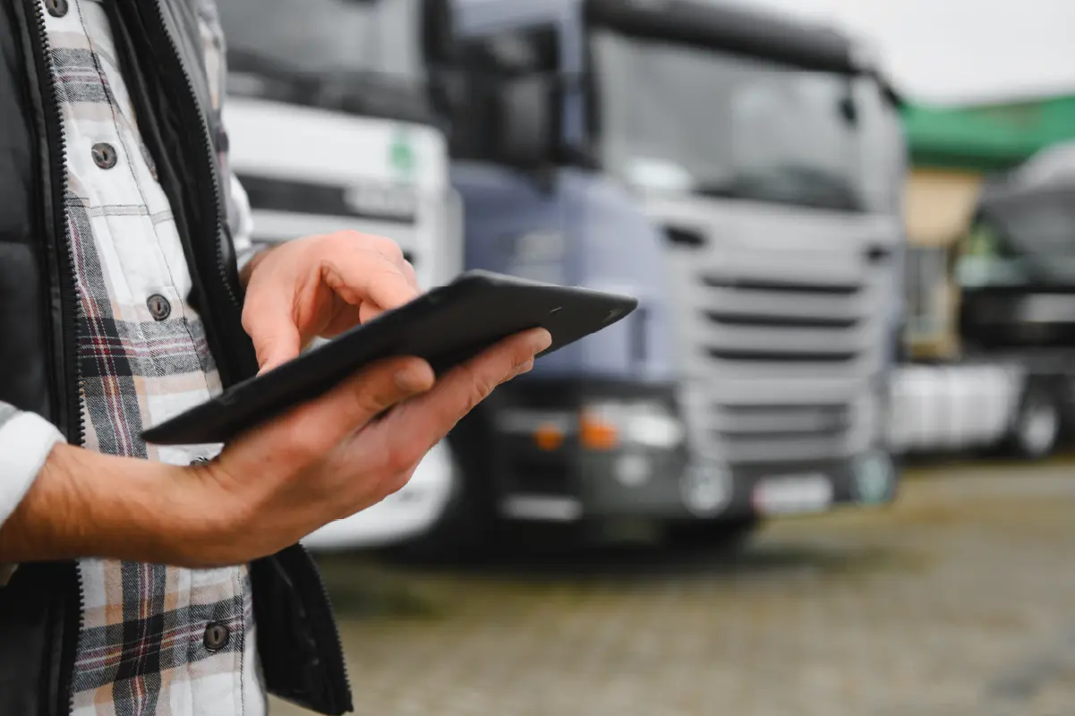 Fleet manager poiting at Brigade Telematics platform dashboard 